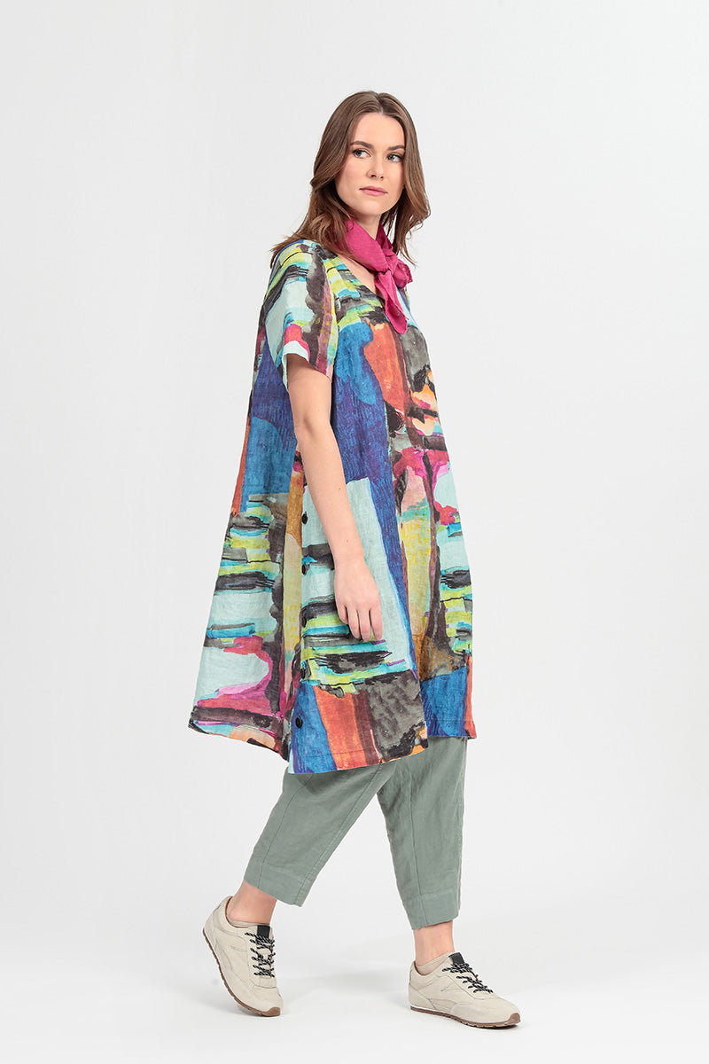 Side Buttons Abstract Linen Tunic Dress 1