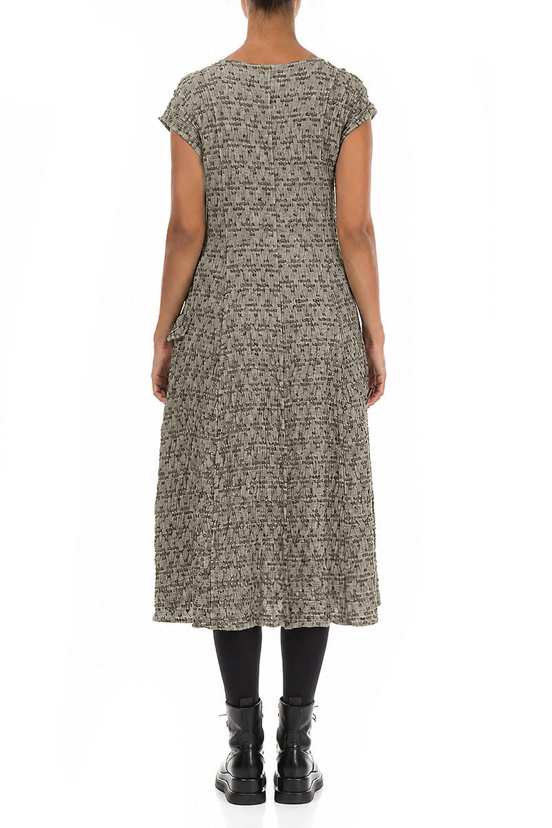 Side Pocket Geometric Texture Olive Grey Linen Dress 2