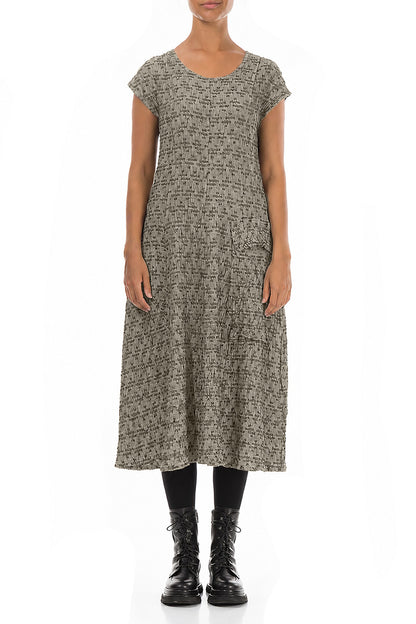 Side Pocket Geometric Texture Olive Grey Linen Dress 1