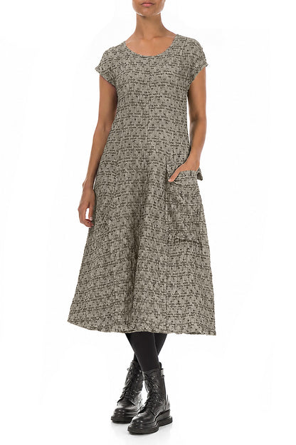 Side Pocket Geometric Texture Olive Grey Linen Dress 3