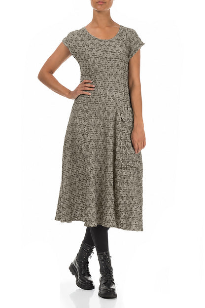Side Pocket Geometric Texture Olive Grey Linen Dress 4