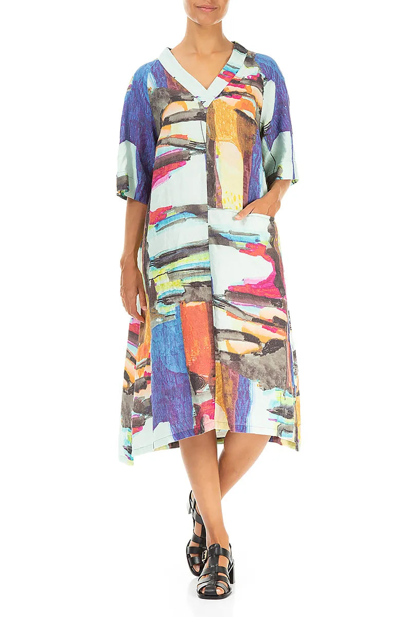 Side Pocket V-Neck Abstract Linen Dress 4