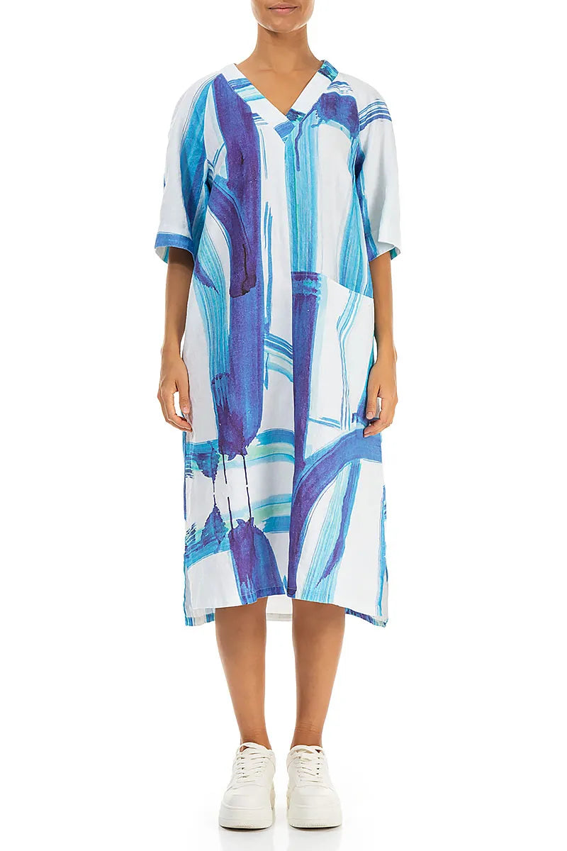 Side Pocket V-Neck Blue Brushstroke Linen Dress 1