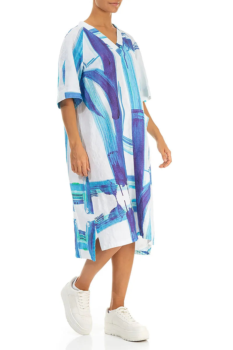 Side Pocket V-Neck Blue Brushstroke Linen Dress 4