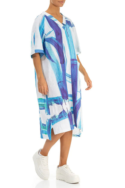Side Pocket V-Neck Blue Brushstroke Linen Dress 4