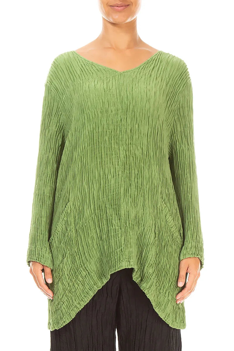 Side Pockets Shamrock Green Plissé Silk Blouse
