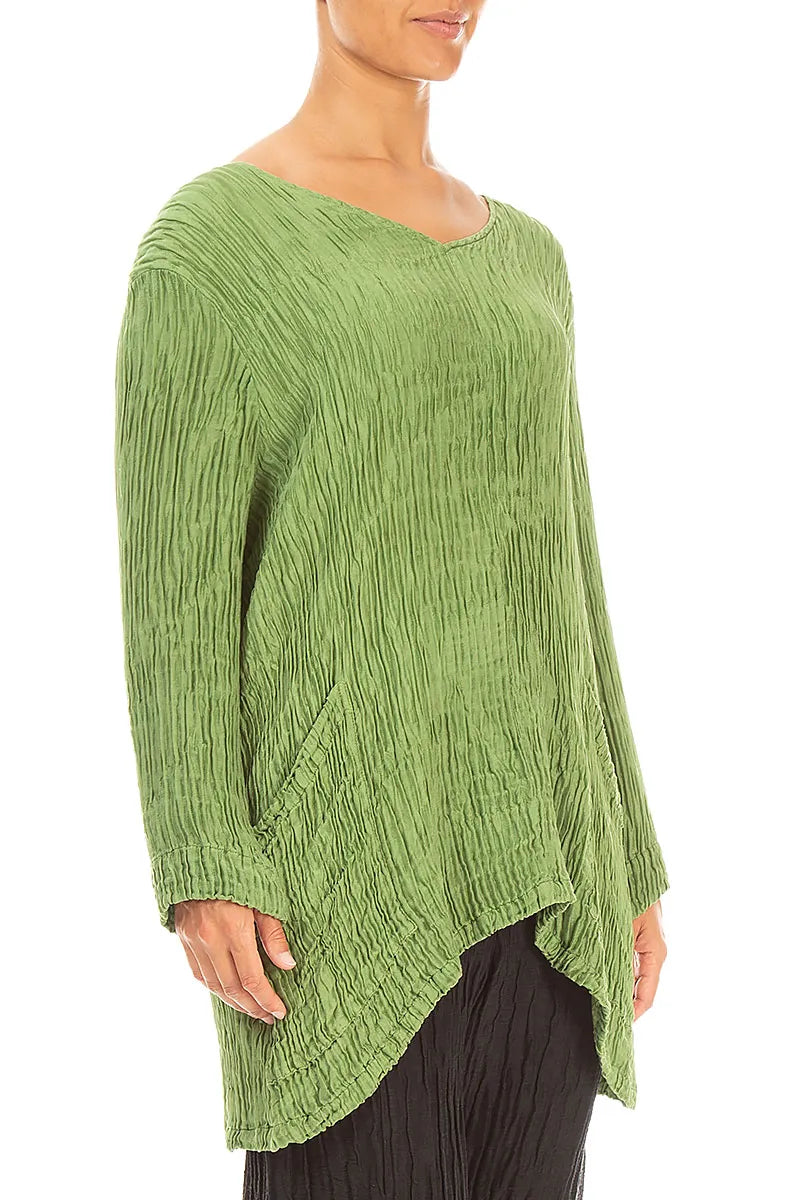 Side Pockets Shamrock Green Plissé Silk Blouse