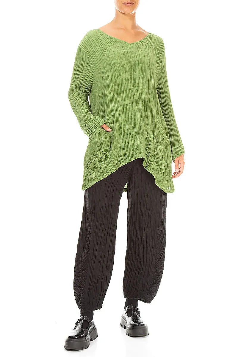 Side Pockets Shamrock Green Plissé Silk Blouse