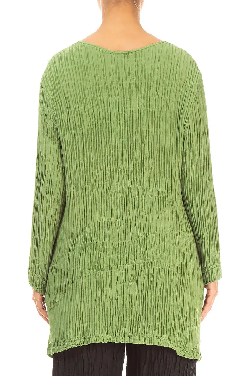 Side Pockets Shamrock Green Plissé Silk Blouse
