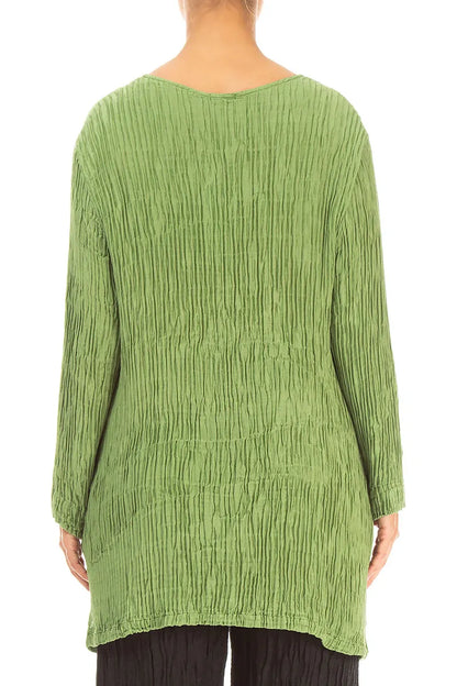 Side Pockets Shamrock Green Plissé Silk Blouse