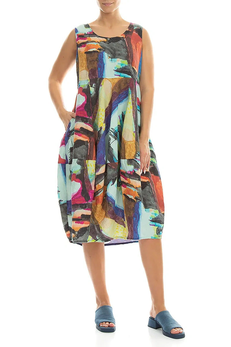 Sleeveless Balloon Abstract Linen Dress 3