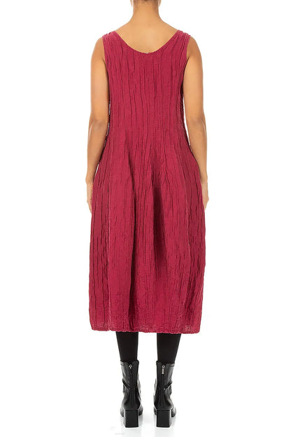 Sleeveless Balloon Crinkled Ruby Silk Linen Dress 2