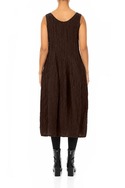Sleeveless Balloon Crinkled Truffle Brown Silk Linen Dress