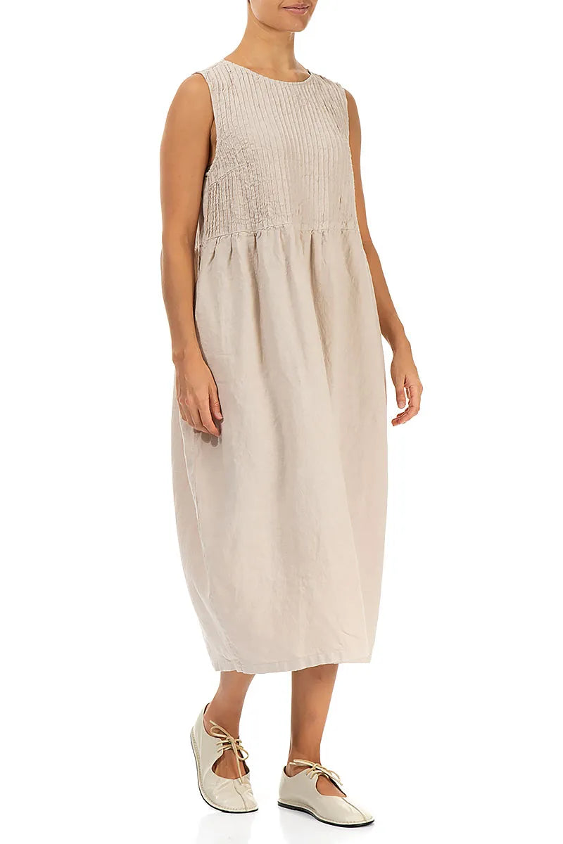 Sleeveless Beige Pintuck Linen Dress 3
