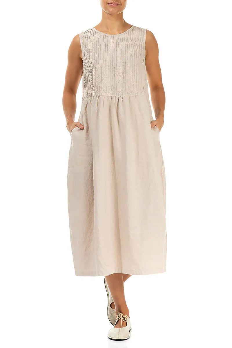 Sleeveless Beige Pintuck Linen Dress 4