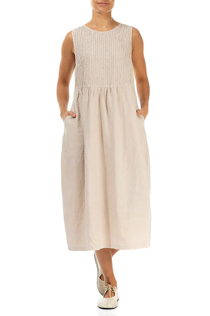 Sleeveless Beige Pintuck Linen Dress 4