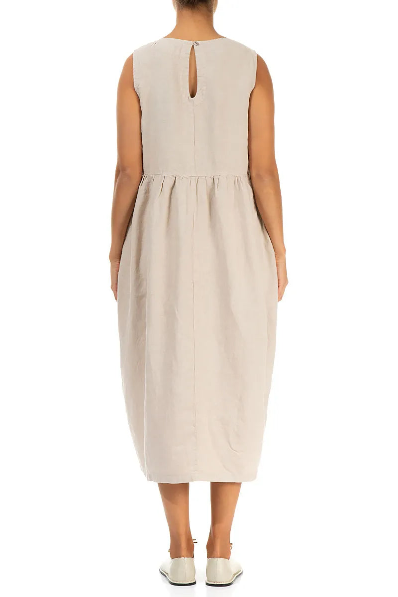 Sleeveless Beige Pintuck Linen Dress 2