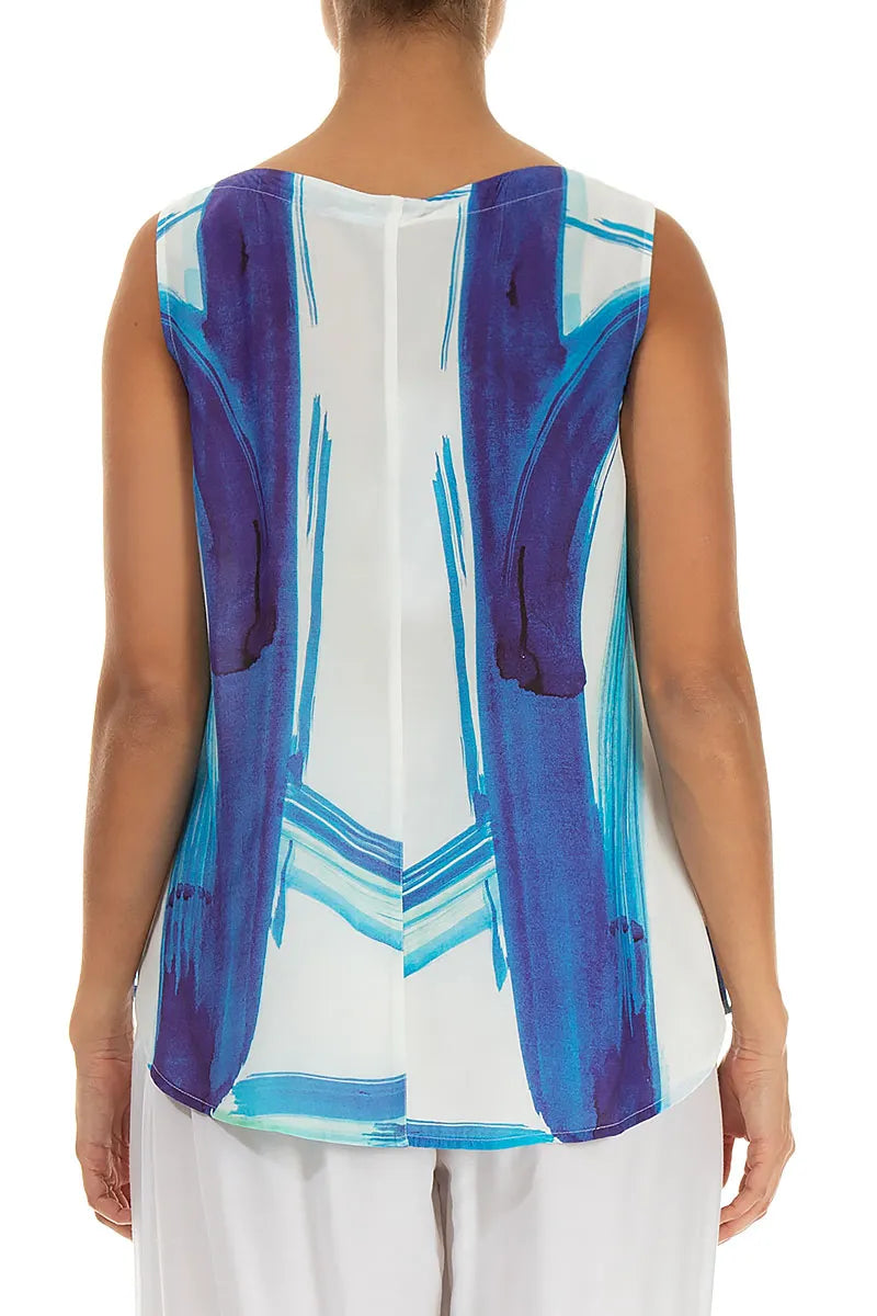 Sleeveless Blue Brushstroke Silk Bamboo Top 2