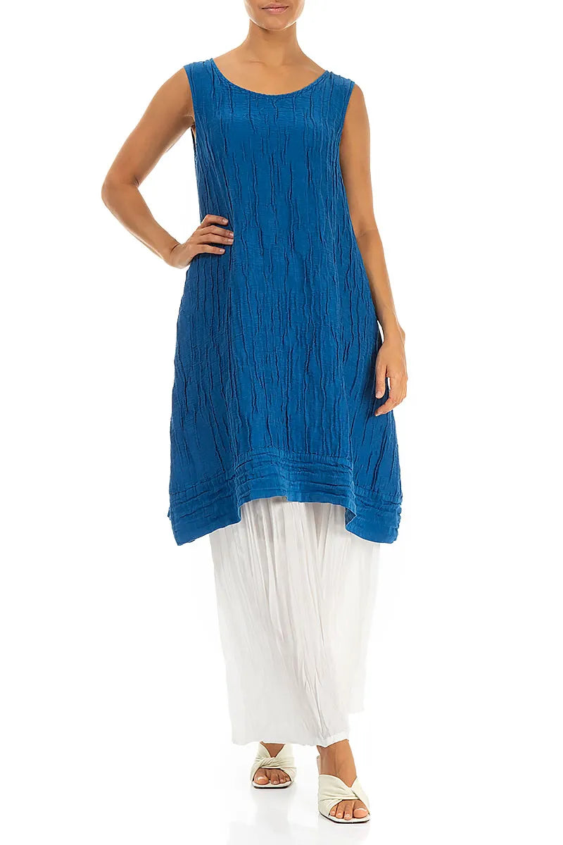 Sleeveless Crinkled Cobalt Blue Silk Linen Tunic Dress 5