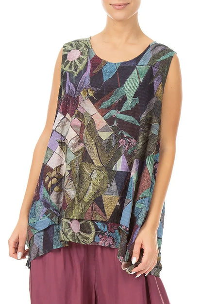 Sleeveless Layered Art Mosaic Textured Silk Blouse 3