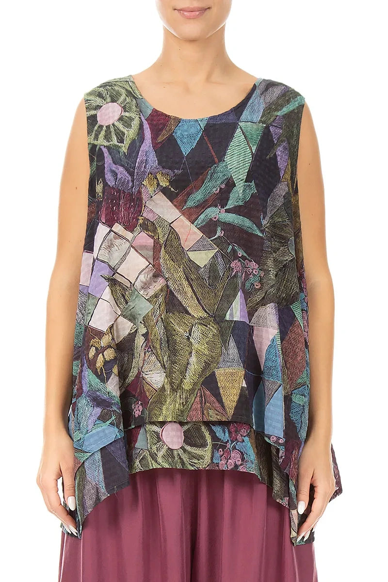 Sleeveless Layered Art Mosaic Textured Silk Blouse 1