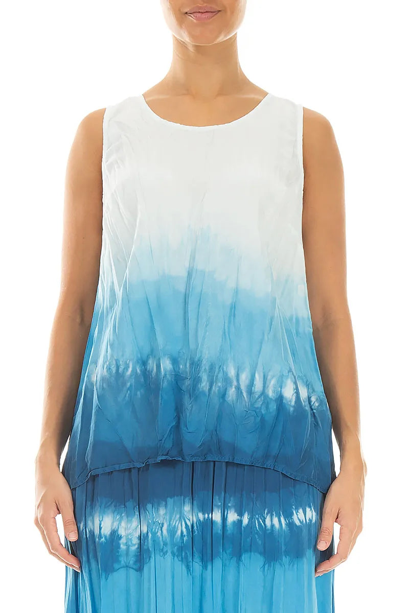 Sleeveless Ocean Blue Ombré Crumpled Pure Silk Blouse 1