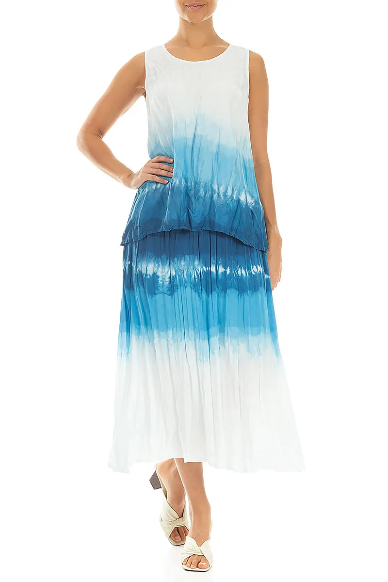 Sleeveless Ocean Blue Ombré Crumpled Pure Silk Blouse 4