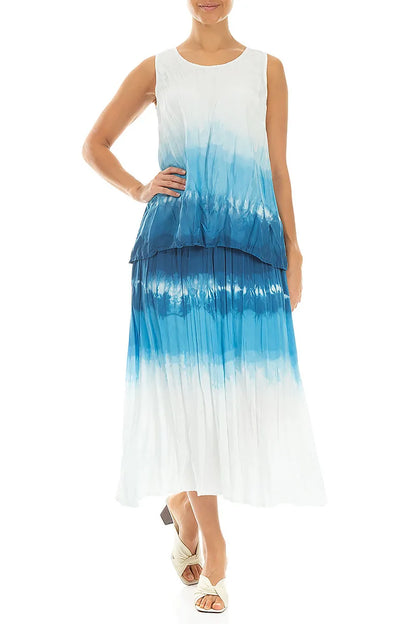 Sleeveless Ocean Blue Ombré Crumpled Pure Silk Blouse 4