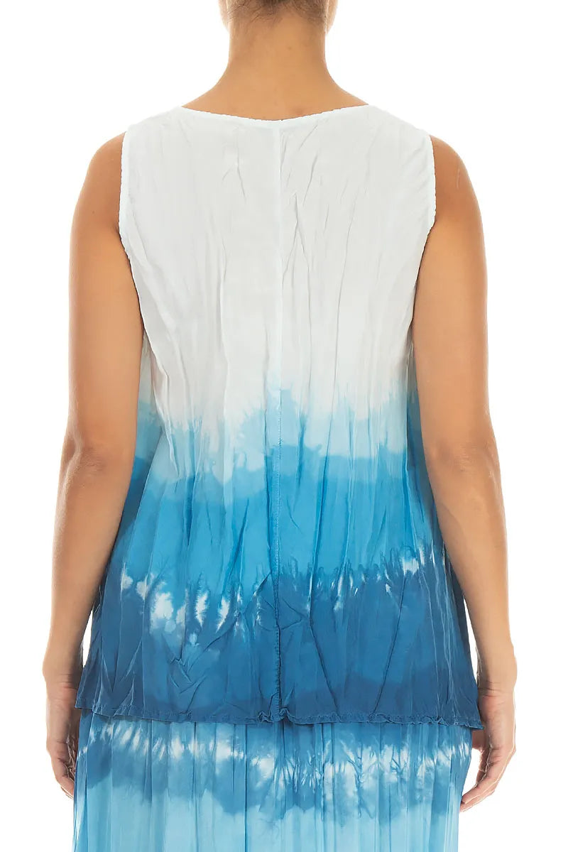 Sleeveless Ocean Blue Ombré Crumpled Pure Silk Blouse 2