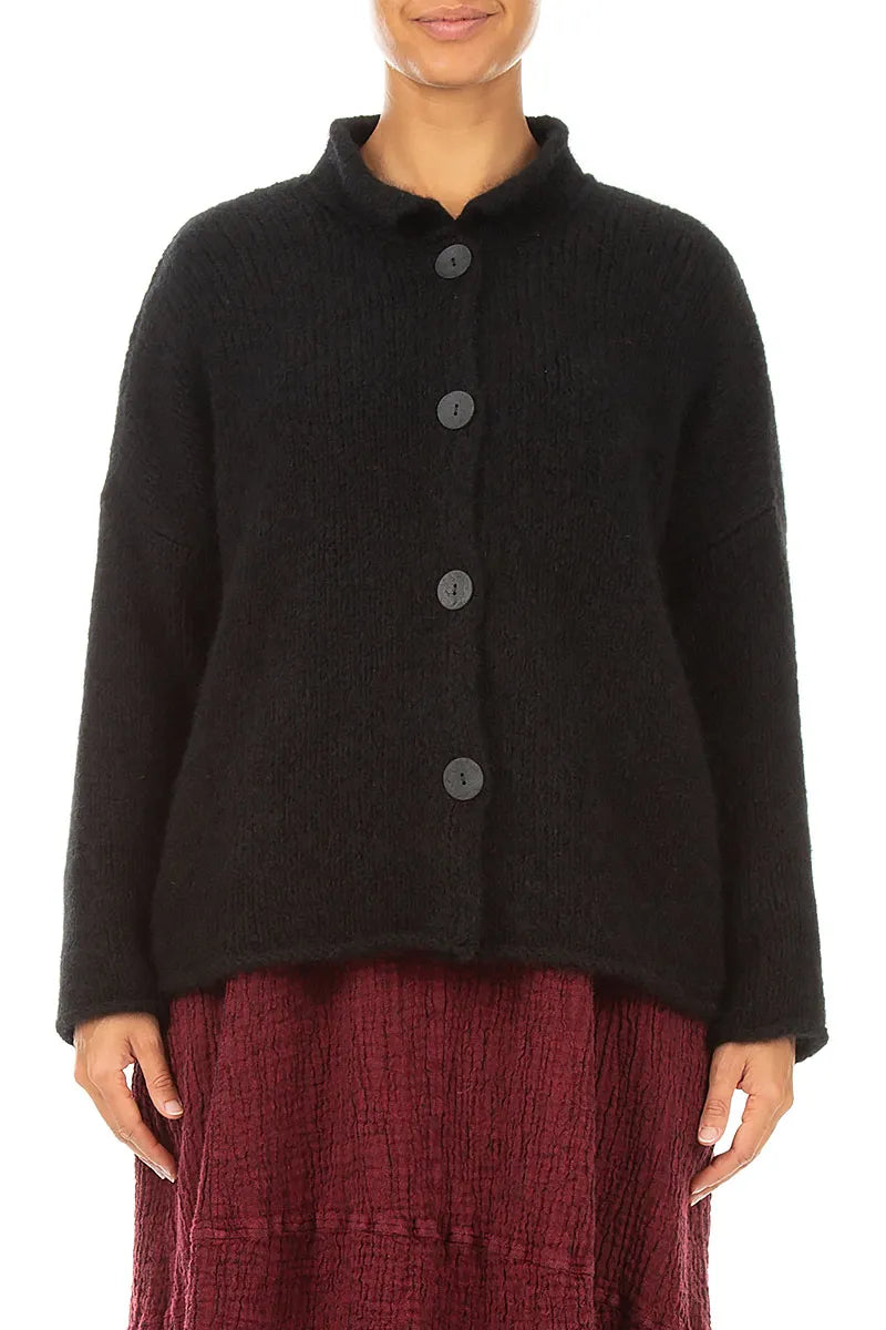 Weiche Strickjacke aus schwarzem Kaschmir und Wolle mit weichem Kragen