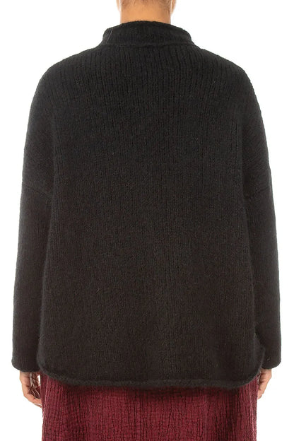 Weiche Strickjacke aus schwarzem Kaschmir und Wolle mit weichem Kragen