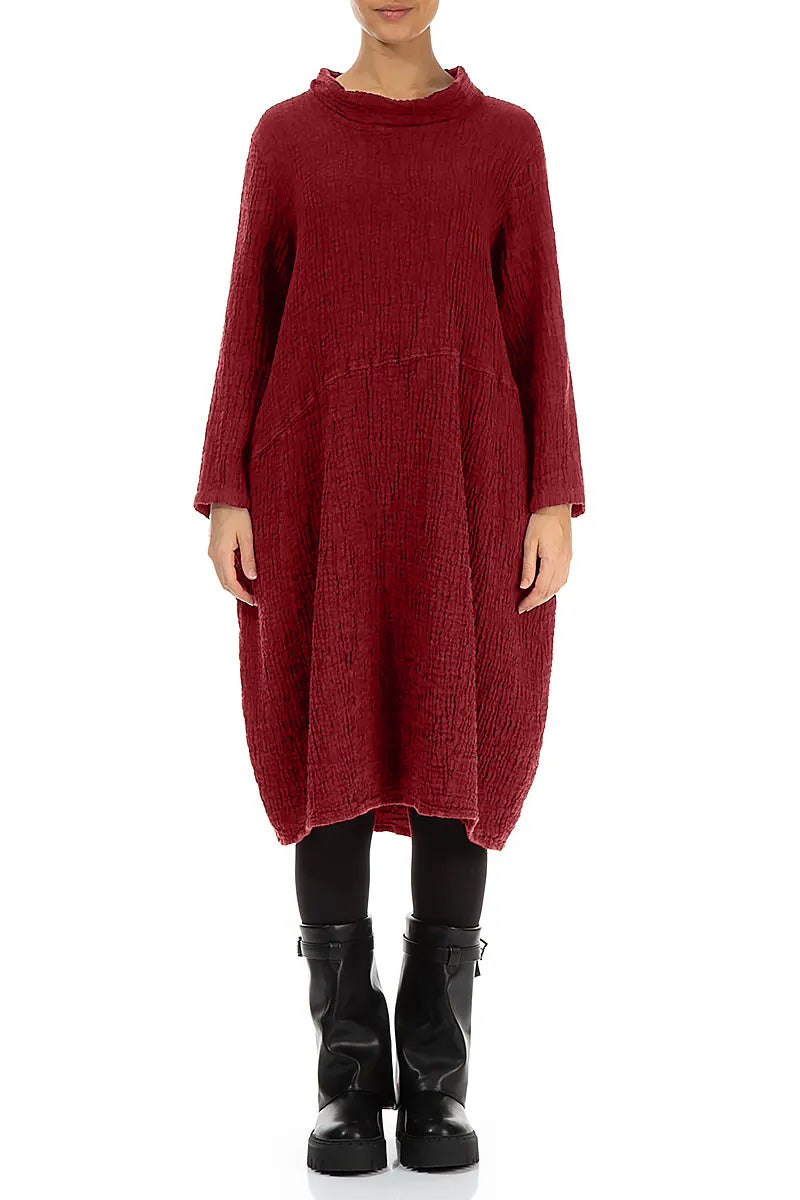Soft Cowl Cherry Red Textured Linen Dress 1