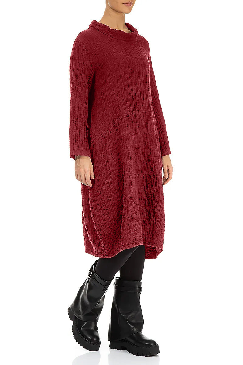 Soft Cowl Cherry Red Textured Linen Dress 3