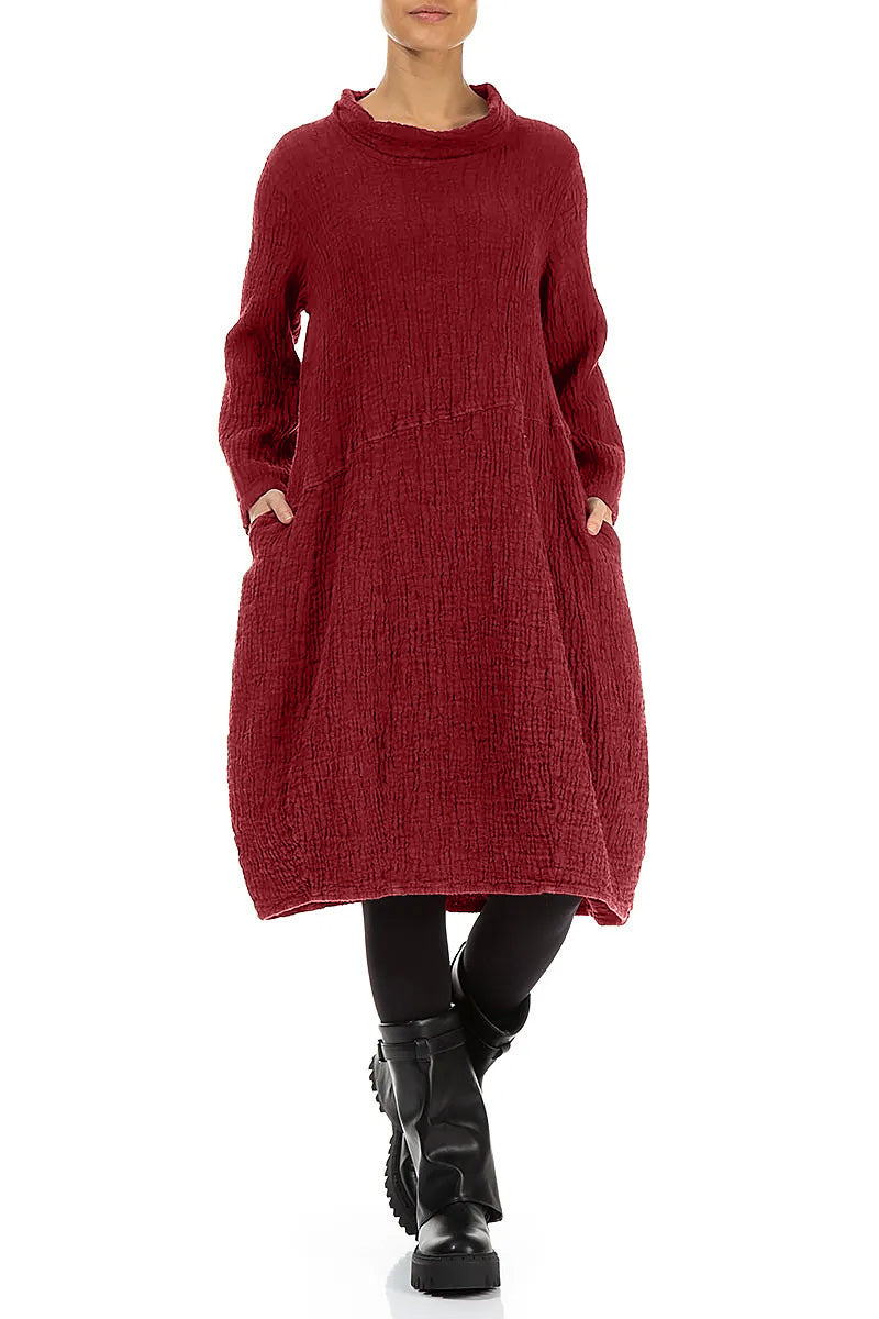 Soft Cowl Cherry Red Textured Linen Dress 4