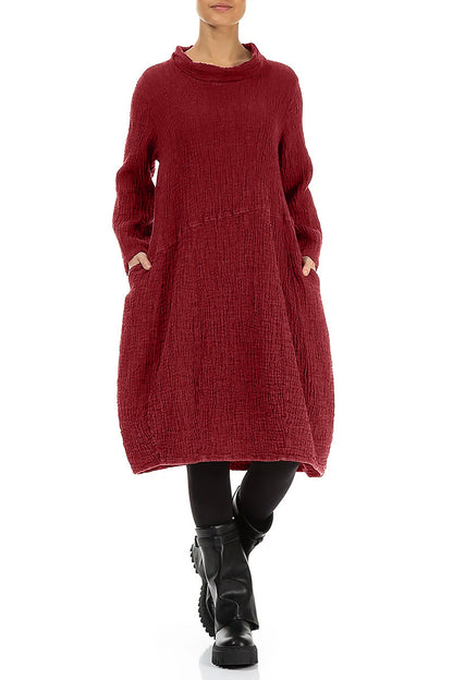 Soft Cowl Cherry Red Textured Linen Dress 4