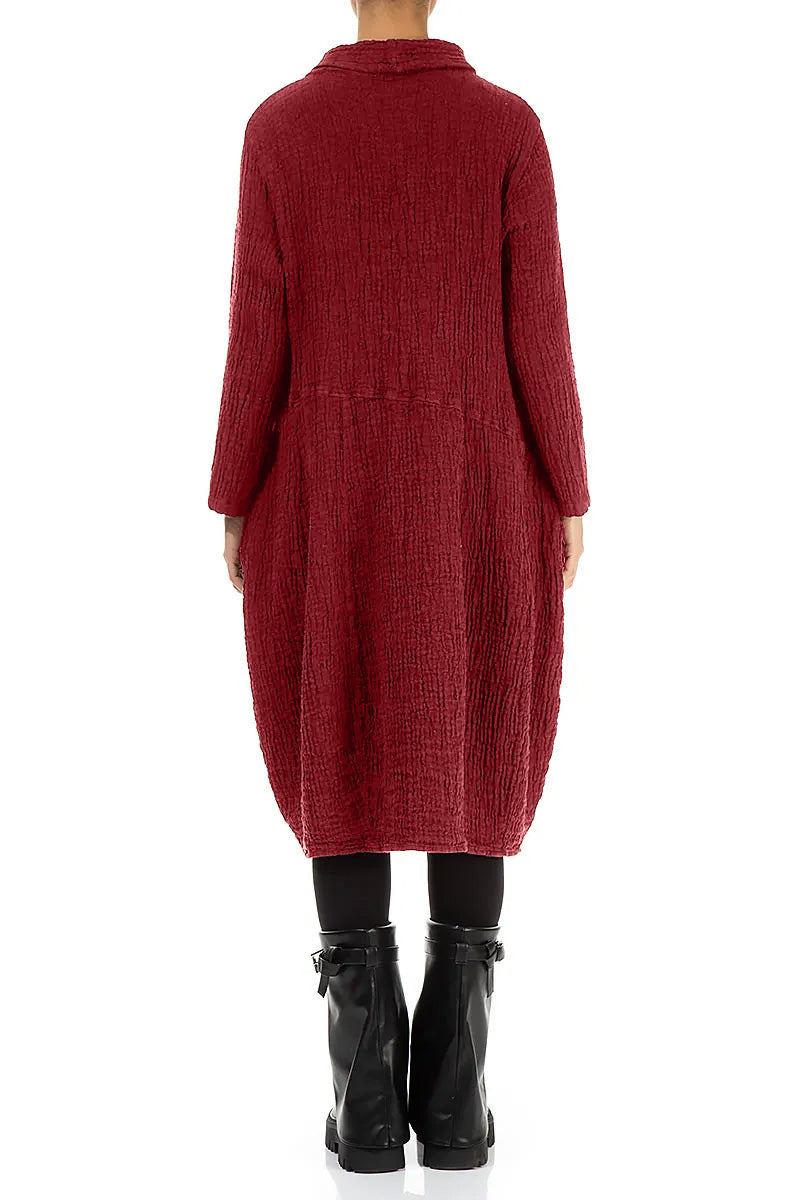 Soft Cowl Cherry Red Textured Linen Dress 2