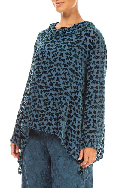 Soft Cowl Devoré Petals Deep Turquoise Silk Velvet Blouse