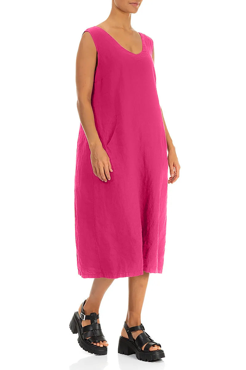 Soft V-Neck Fuchsia Linen Dress 3