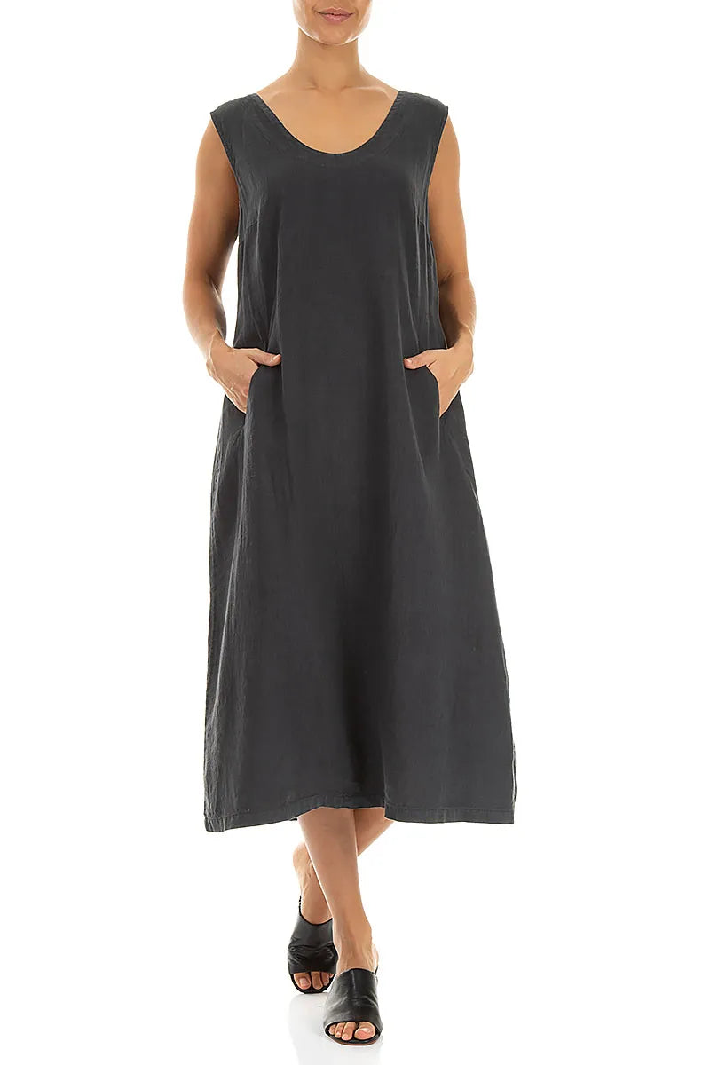 Soft V-Neck Graphite Linen Dress 4