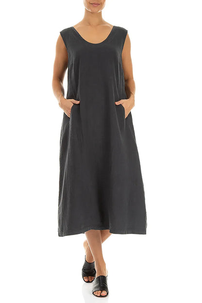 Soft V-Neck Graphite Linen Dress 4