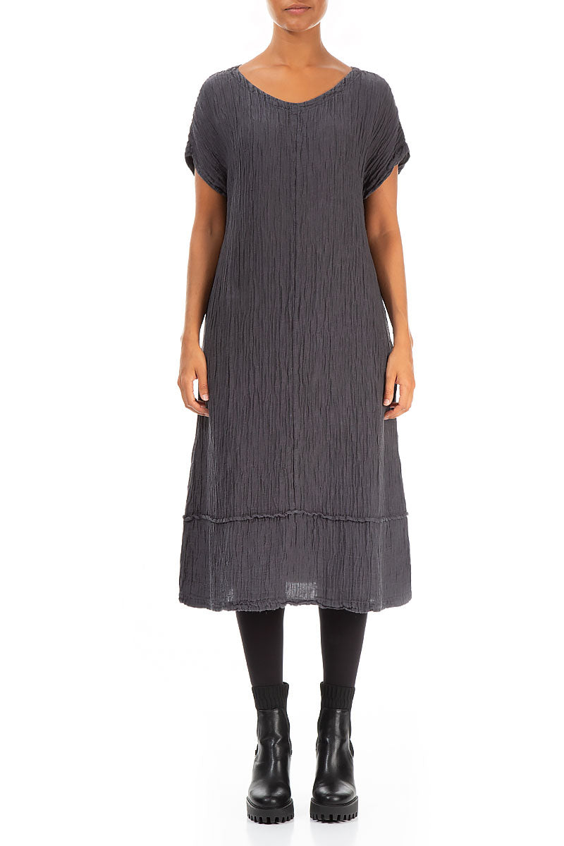 Soft V-Neck Steel Crinkled Silk Dress 1