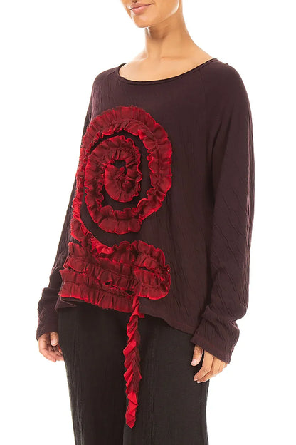 Spiral Detail Cherry Red Wavy Cotton Blouse 3