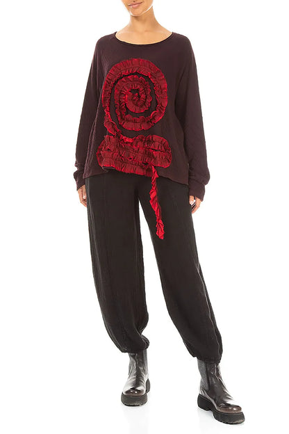 Spiral Detail Cherry Red Wavy Cotton Blouse 4