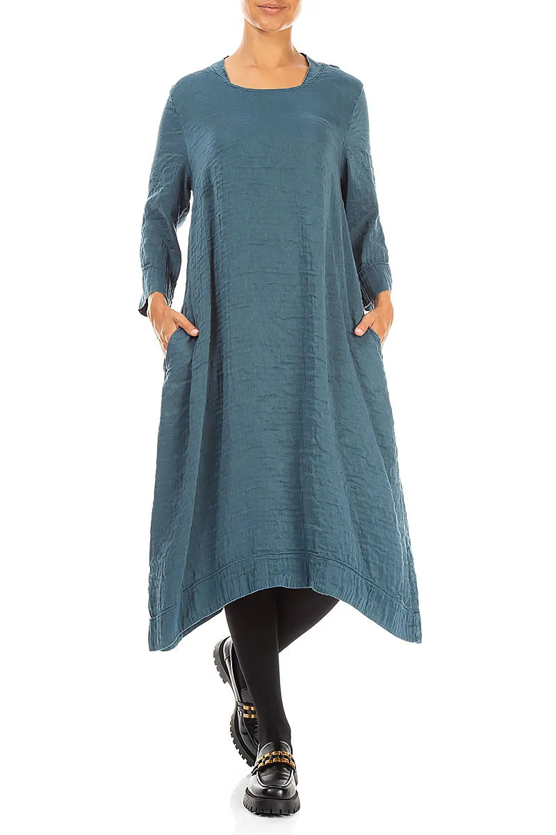 Robe en Soie Turquoise profond texturée à encolure carrée
