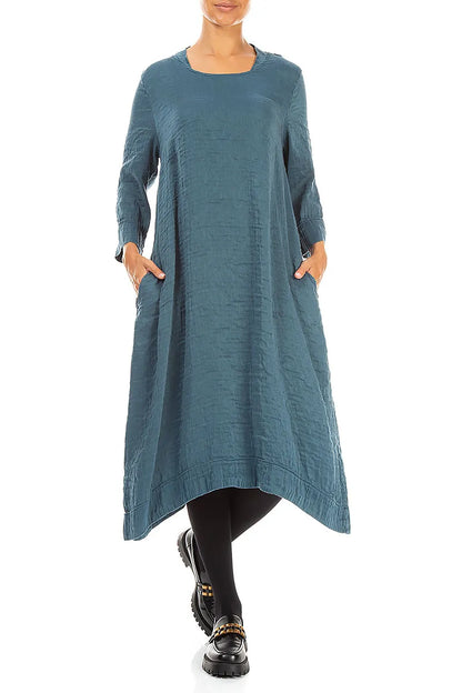 Robe en Soie Turquoise profond texturée à encolure carrée