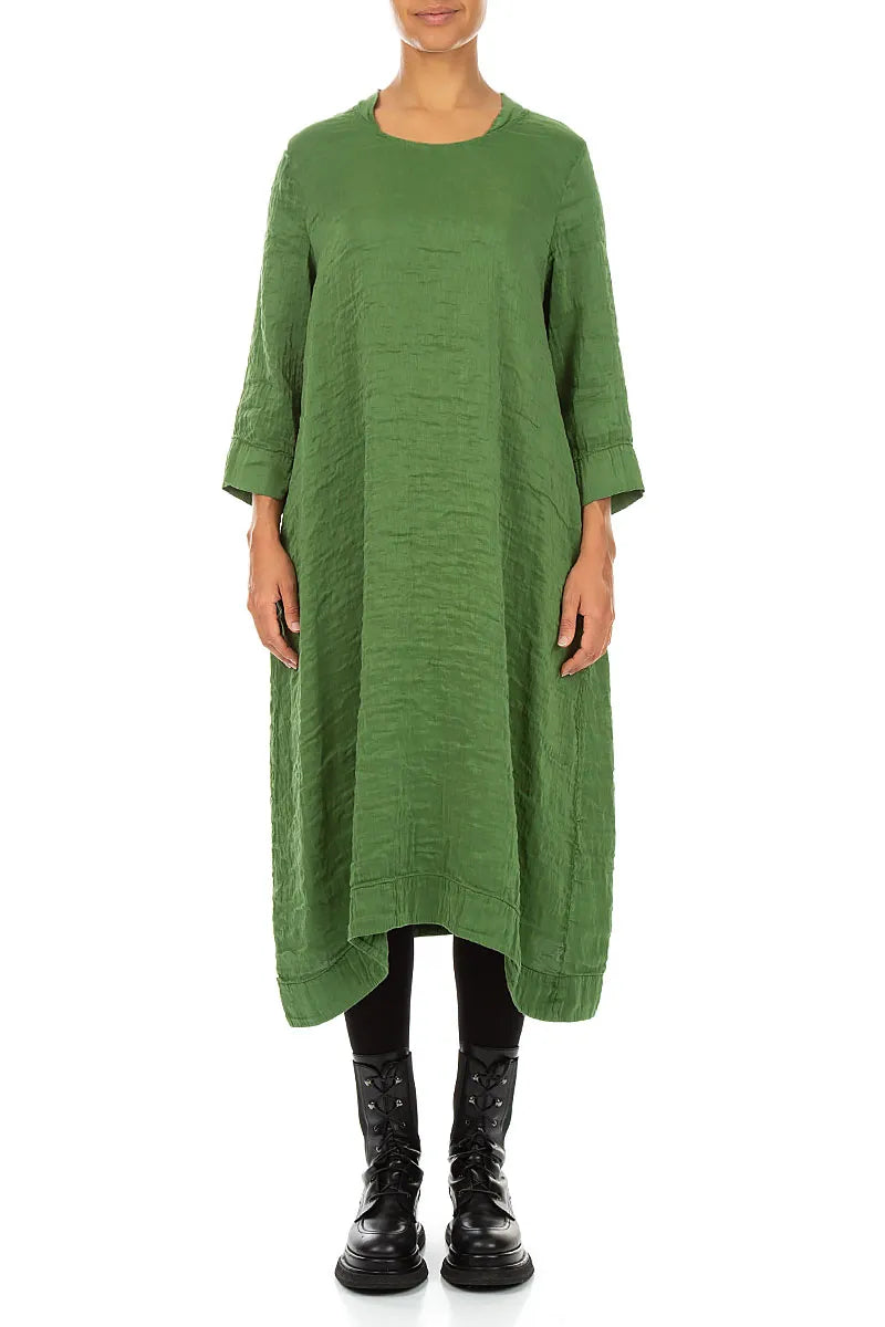 Square Neck Textured Shamrock Green Silk Dress 1