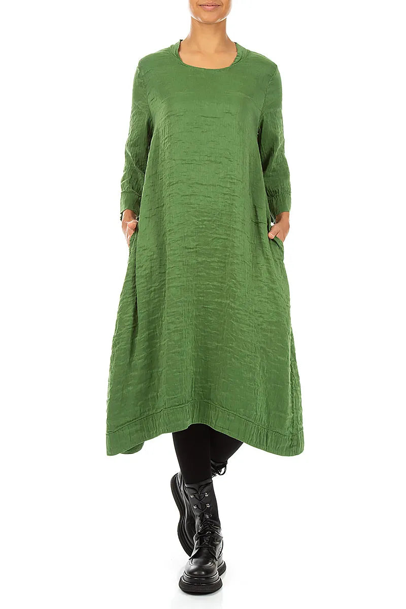 Square Neck Textured Shamrock Green Silk Dress 4