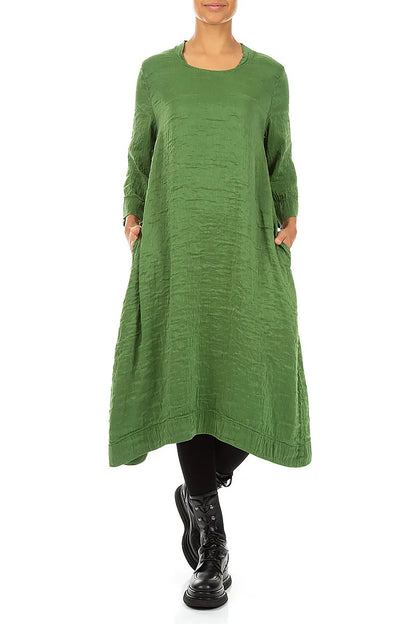 Square Neck Textured Shamrock Green Silk Dress 4