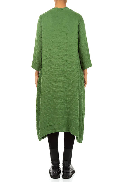 Square Neck Textured Shamrock Green Silk Dress 2