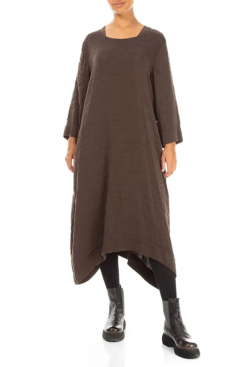 Square Neck Textured Truffle Brown Silk Dress 4
